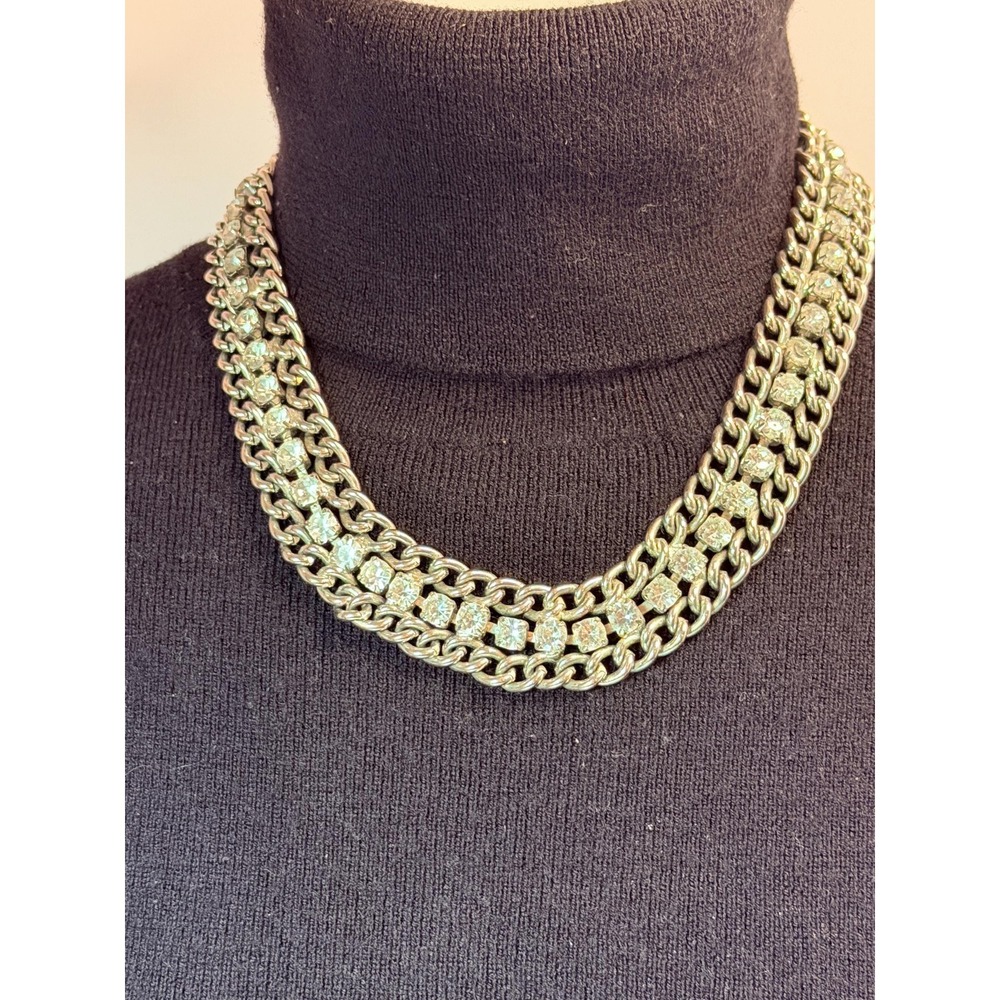 Vtg 90s Cookie Lee 3 Strand Curb Chain Necklace. Silver Tone Chunky Rhinestone